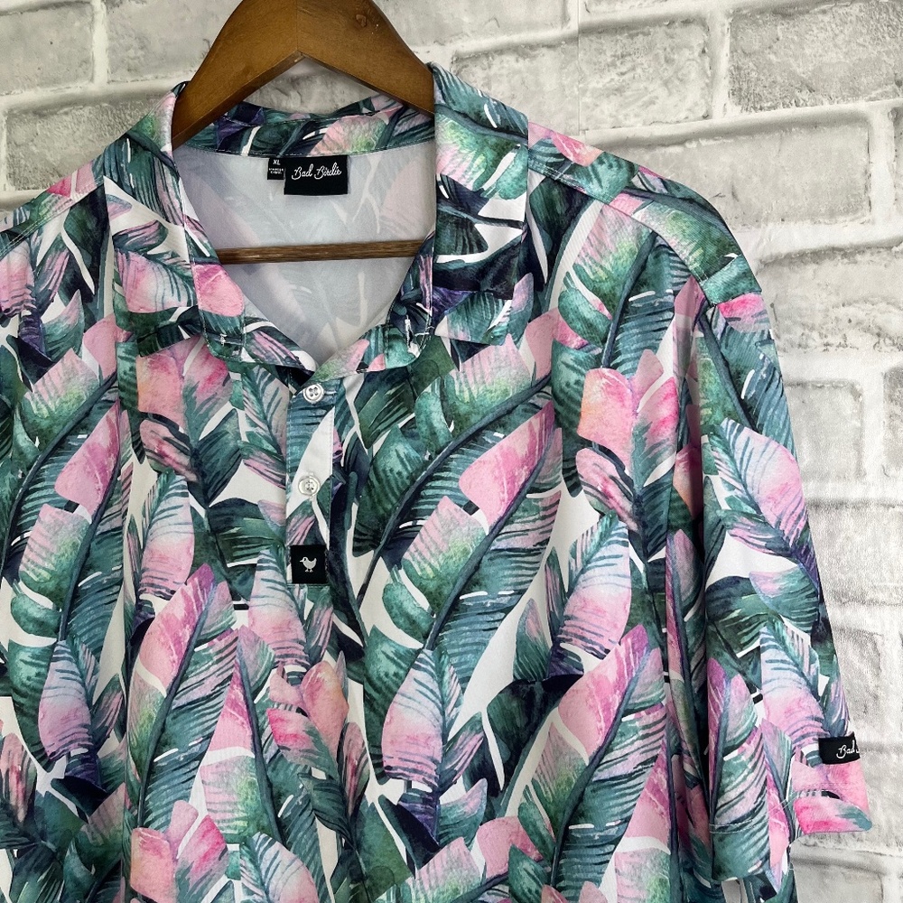 Bad Birdie Pink & Green Tropical Hawaiian Performance Golf Polo Shirt Mens XL
